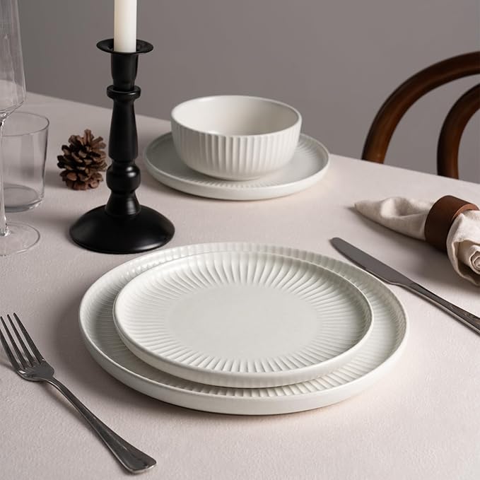 Famiware Starlight Plates and Bowls Dishes Set of 8 (24 Pieces), Ribbed Textured Stoneware Dinnerware Sets- Dishwasher & Microwave Safe, Chip Resistant, Matte Reactive White