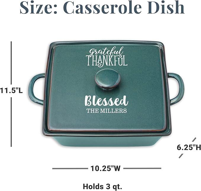 Let's Make Memories Personalized Grateful, Thankful, Blessed Stoneware - Teal Casserole Dish
