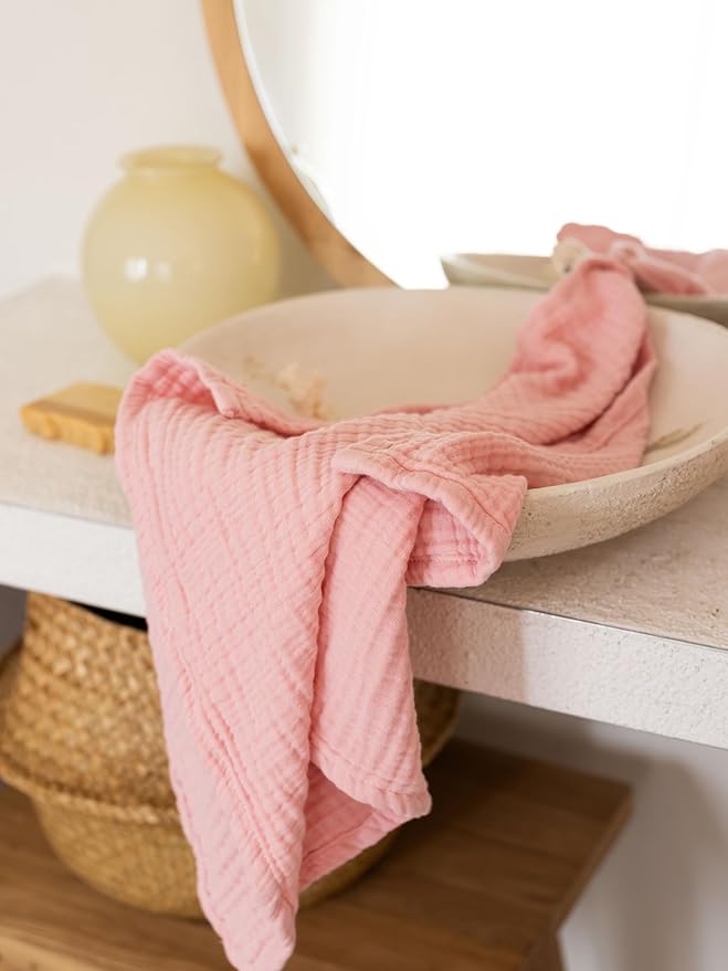 4 Pieces Muslin Towel Set for Bathroom, Luxury 100% Turkish Cotton Thin Soft Quick-Dry Lint-Free Large Size Bath Hand Towel Sets (Light Pink, 2 Bath & 2 Hand Towel Set)