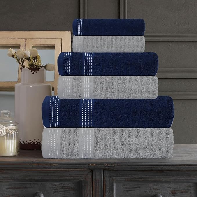 CASA COPENHAGEN Elegance 6 Pieces Ribbed Towel Set- Navy + Grey, 550 GSM 2 Bath Towel 2 Hand Towel 2 Washcloth, Designed in Denmark Made of Soft Egyptian Cotton for Bathroom, Kitchen and Shower