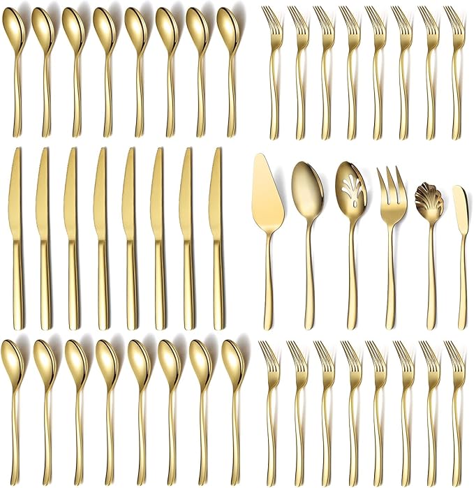 Gold Silverware Set 46 Piece - Stainless Steel Flatware, Cutlery & Utensil Set With Cake Server, Serving Spoon, Fork, Sugar Spoon, Butter Knife (Shiny Gold)