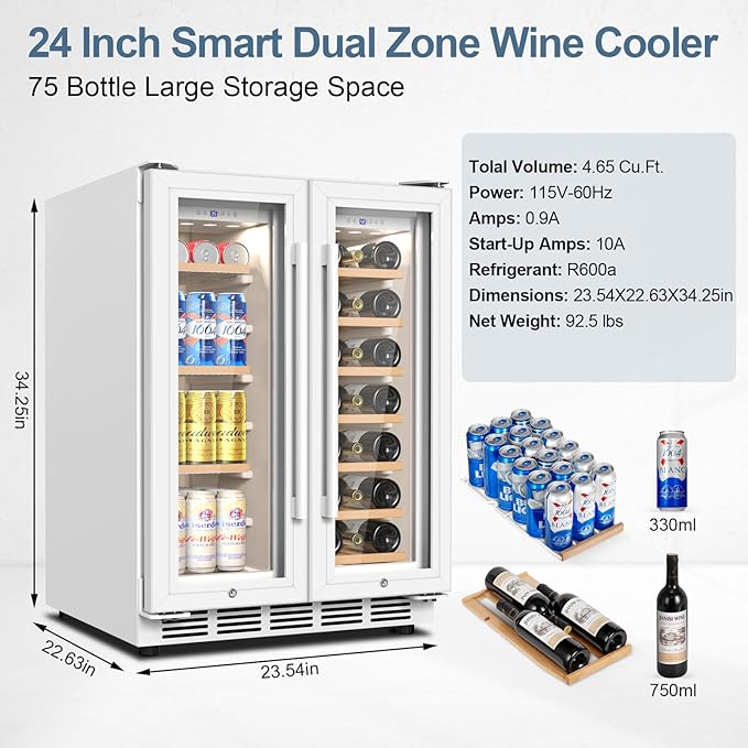Wine and Beverage Refrigerator, 24 Inch Beverage Cooler Dual Zone with Glass Door, Under Counter Beverage Fridge with Upgraded 65 Cans 18 Bottles Large Capacity, White