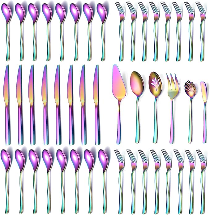 Rainbow Silverware Set 46 Piece, Stainless Steel Flatware Set, Cutlery With Cake Server, Serving Spoon, Slotted Serving Fork, Sugar Spoon, Butter Knife (Shiny Rainbow)