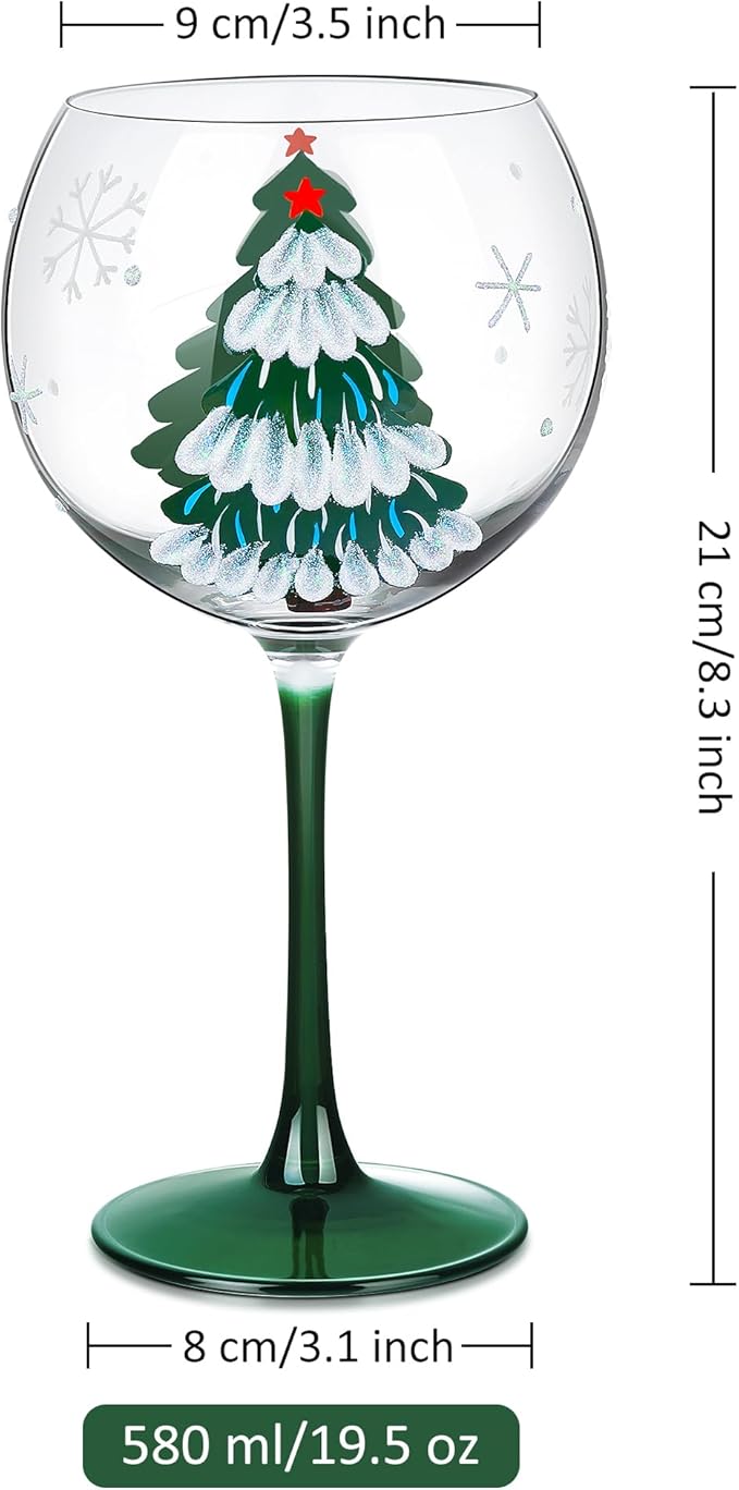 Joeyan Christmas Crystal Balloon Wine Glasses,Hand Painted Large Wine Goblet Glass Cups with Stem,Gin Tonic Cocktail Drinking Glasses with Green Xmas Tree and Snowflakes Patterns,19.5 oz,Set of 2