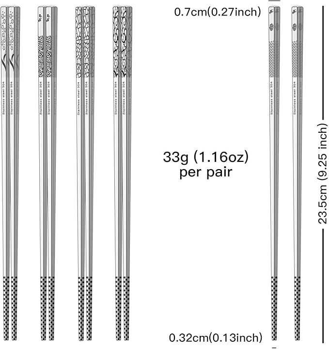 Metal Chopsticks Reusable 18/8 Stainless Steel Chopsticks Multipack Dishwasher Safe Chop Sticks Cute Laser Engraved Non-slip Japanese Korean Chopstick for Cooking Eating 9 1/4 Inches 5 Pairs Gift Set
