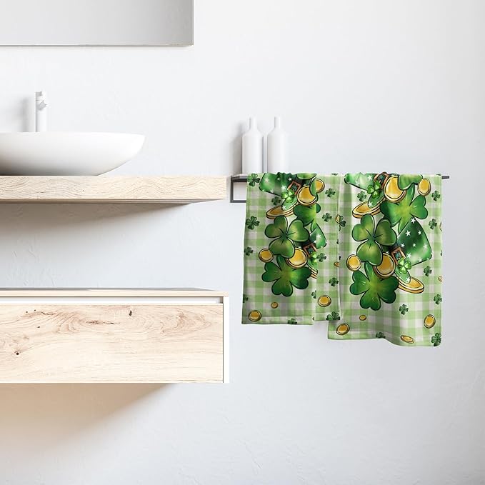 Imiss Green Shamrock Hat Hand Towels 14.4 x 28.3 Inch Clover Gold Coin Decor St. Patrick's Day Fingertip Towels Set of 2 Buffalo Plaid Seasonal Farmhouse Washcloth for Hotel Gym Spa