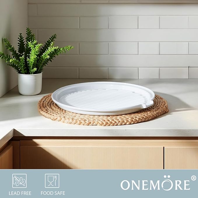 ONEMORE Microwave Bacon Tray Ceramic Bacon Cooker Meat Rack for Oven Cooking Crispy Bacon Maker - 11 inch Round Bacon Dish Plate, White