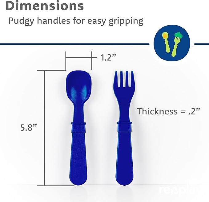Re-Play Toddler Forks and Spoons Set - 6x6 Utensils Set for Kids - Dishwasher and Microwave Safe - Made in USA - Set of 12-5.8" x 1.2" x 0.2" - True Blue