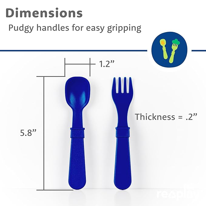 Re-Play Toddler Forks and Spoons Set - 4x4 Utensils Set for Kids - Dishwasher and Microwave Safe - Made in USA - Pack of 8-5.8" x 1.2" x 0.2" - Modern Blue