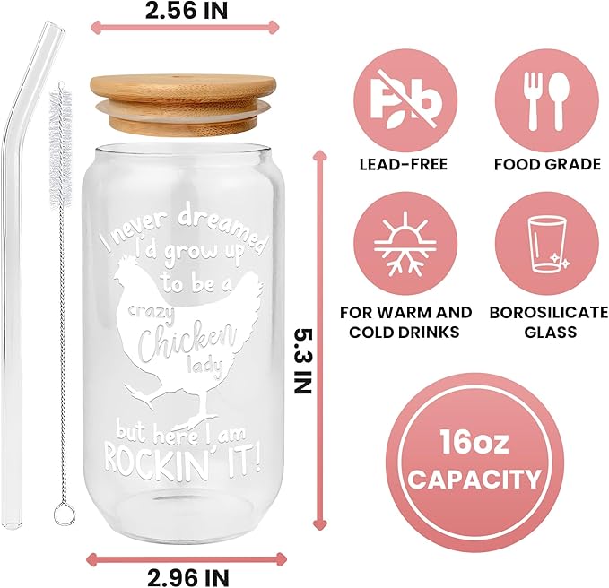 Pawzity Chicken Gifts for Women - Chicken Themed Gifts - Chickens Lover Gift, Chickens Lady Mom Gift - Christmas Ideas for Women - Farmer Animal Present Ideas - 16 Oz 2-sided Can Glass