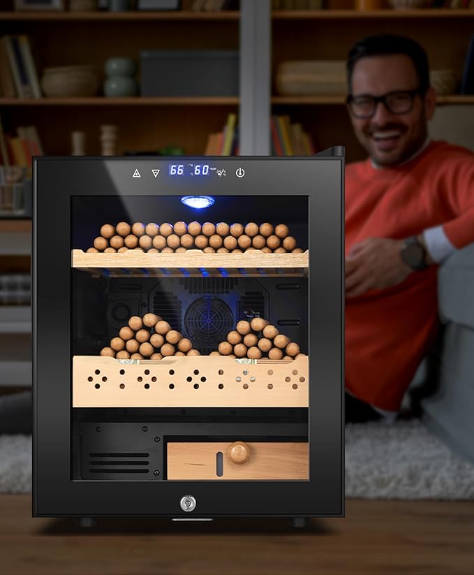 Electric Cooler Cabinet Desktop Cabinet 50L with Professional Temperature and Humidity Digit Control System Spanish Wood Shelves 350 Capacity for Home Office Gift