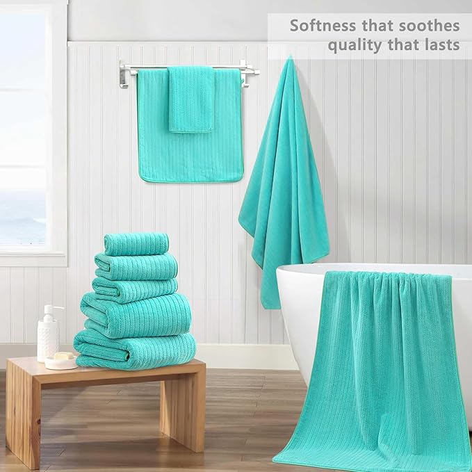 18 Piece Bath Towels Set,Ultra Soft Family Bathroom Towel Set with Hanging Loops-6 Bath Towels,6 Hand Towels,6 Washcloths,Highly Absorbent Quick Dry Shower Towel for Bathroom,Hotel,Spa-Teal Towel Set