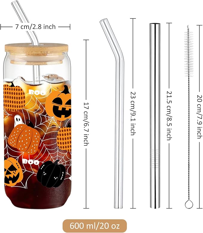 Joeyan Halloween Glass Cups with Lids and Straws,20 oz Iced Coffee Tumbler with Pumpkin Ghost Cobweb Patterns,Cute Funny Can Shaped Beer Drinking Glasses,Holiday Gifts for Women Mom Friend Teen