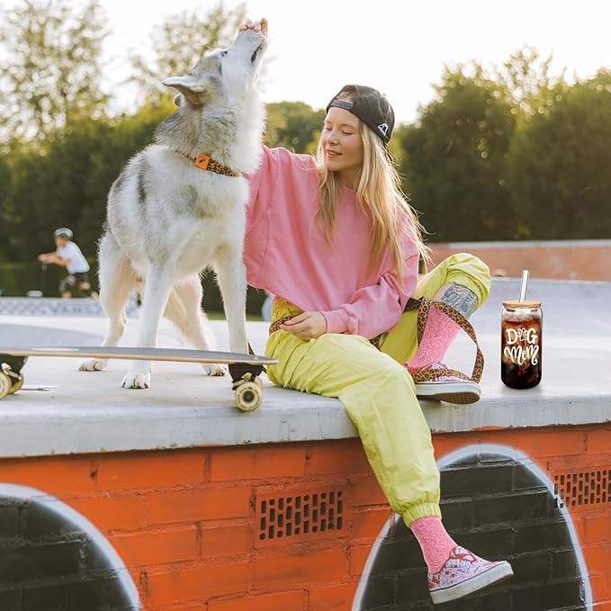 Mason Life Birthday Gift for Women, Gift for Her, Glass Cup and Sock for Dog Mom, Dog Mom Gifts for Women, Dogs Themed Gifts, 18oz Drinking Glasses with Bamboo Lid and Glass Straw