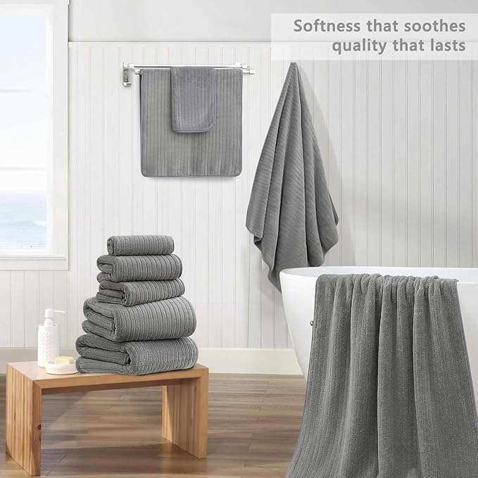 18 Piece Bath Towels Set,Ultra Soft Family Bathroom Towel Set with Hanging Loops-6 Bath Towels,6 Hand Towels,6 Washcloths,Highly Absorbent Quick Dry Shower Towel for Bathroom,Hotel,Spa-Grey Towel Set