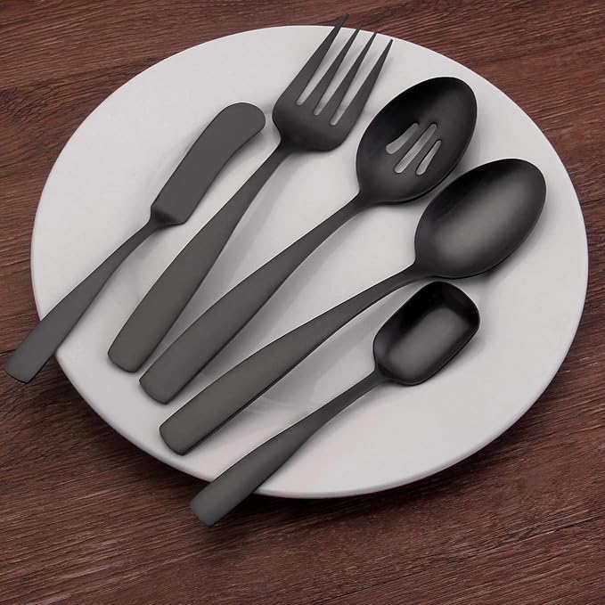 O.C.E. 5-Piece Matte Black Serving Flatware Silverware Set, Utensil Set of Stainless Steel, Satin Finish, Hostess Tableware Serving Set, Dishwasher Safe