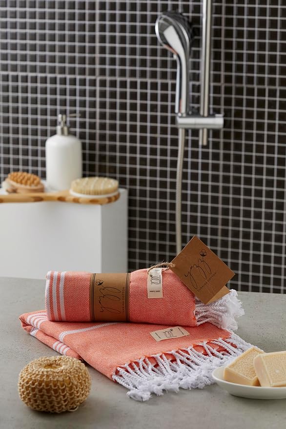 Turkish Hand Towels - Set of 2, 18" x 30" inches, Bathroom & Decorative Cotton Hand Towels or Kitchen Dishcloth, Tea, Yoga, Face, Gym (Orange)