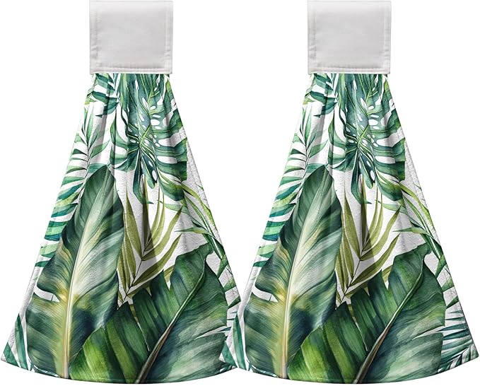 Summer Tropical Banana Leaf Hand Tie Towel Green Palm Leaves Kitchen Towels with Hanging Loop Jungle Hanging Dish Towel 2 Pcs Decorative Absorbent Tea Towels for Bathroom Kitchen