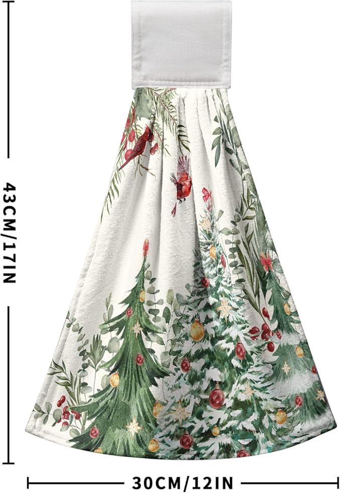 Winter Holly Green Hanging Kitchen Towels Xmas Tree Hand Tie Towel Cardinal Christmas Hanging Dish Towels Soft Absorbent Washcloth for Kitchen Bathroom Laundry