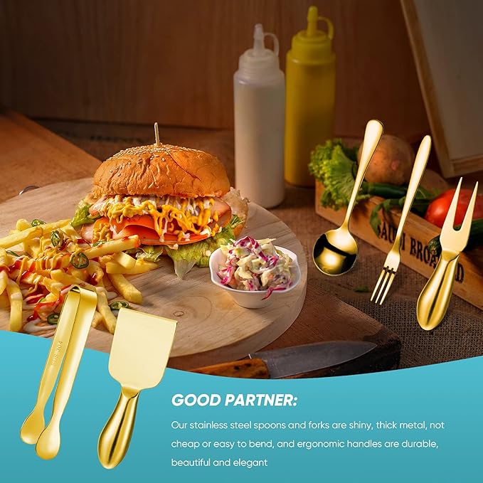 Patelai Charcuterie Board Accessories Cheese Spreader Knife Set Charcuterie Utensils Butter Knife Stainless Steel Mini Serving Tongs Spoons Appetizer Forks for Pastry Christmas(Golden,20 Pieces)