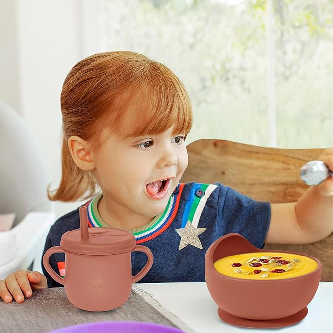 100% Silicone Baby Feeding Set, 9 Pcs: Bib, Divided Plate, Bowl, Sippy Cup, Spoons & Forks (Carrot)