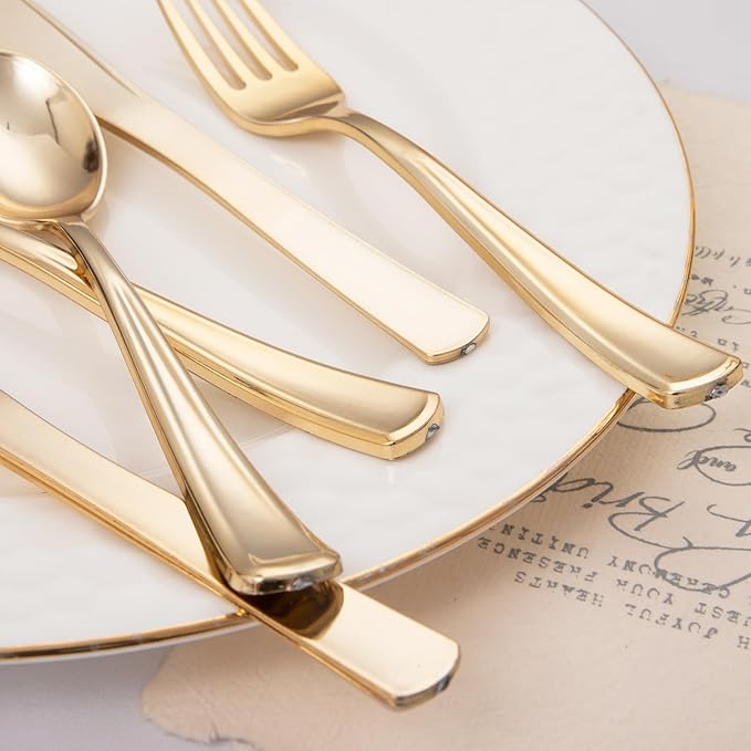 Liacere 200Pcs Gold Plastic Silverware-Gold Plastic Cutlery - Disposable Silverware include 100 Forks 50 Spoons 50 Knives Perfect for Parties & Weddings & Restaurants &Christmas & New Year