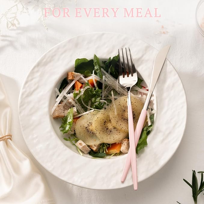 Astercook Silverware Set with Steak Knives 24-Piece Flatware Set for 4 Food-Grade Stainless Steel Pink Cutlery Set Mirror Polished Utensils Set Include Spoons and Forks for Home Kitchen Restaurant