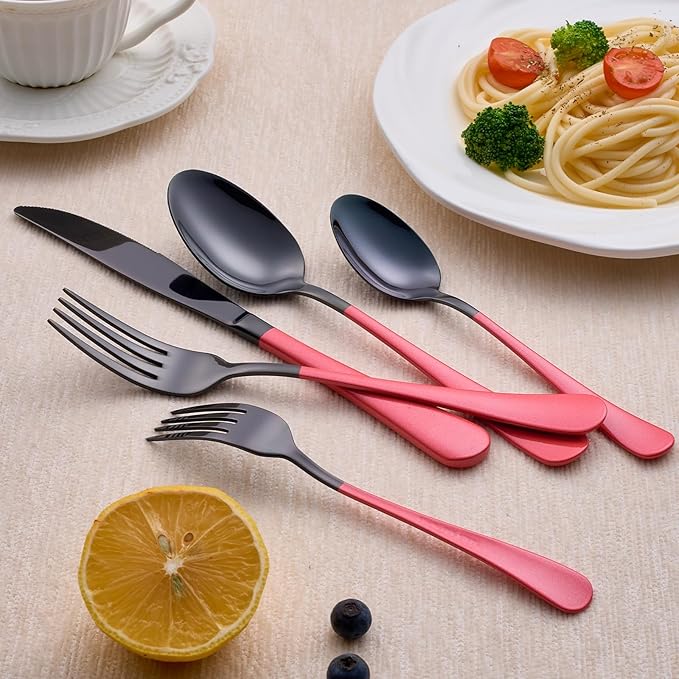 20-Piece Black Silverware Set 18/0 Stainless Steel Silverware Set Pink Handle Cutlery Set Service for 4 Dinner Knives Forks Spoons Set Flatware Set Finish Dishwasher Safe(Black and Pink)