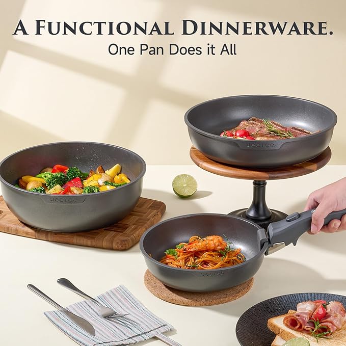 JEETEE 20 Pcs Pots and Pans Set Non Stick, Titanium Nonstick Cookware Set with Detachable Handle, Induction Kitchen Cookware Sets with Removable Handle, Camping RV Cooking Set, Oven/Dishwasher Safe