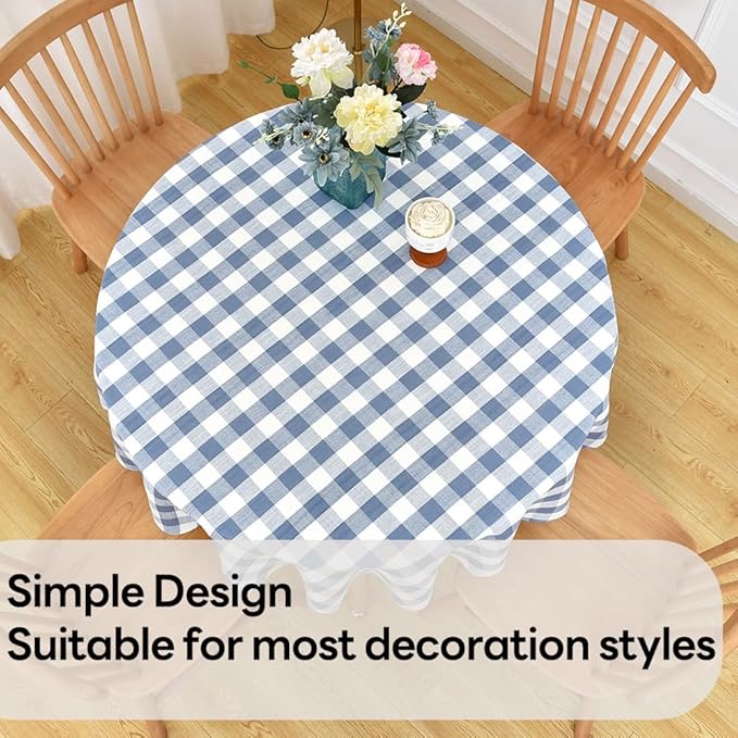 Gingham Round Tablecloth Table Cloth Heavy Duty Cotton Checkered Table Cloth Round Cover for Dining Room(R-Blue, 53 inch Diameter)