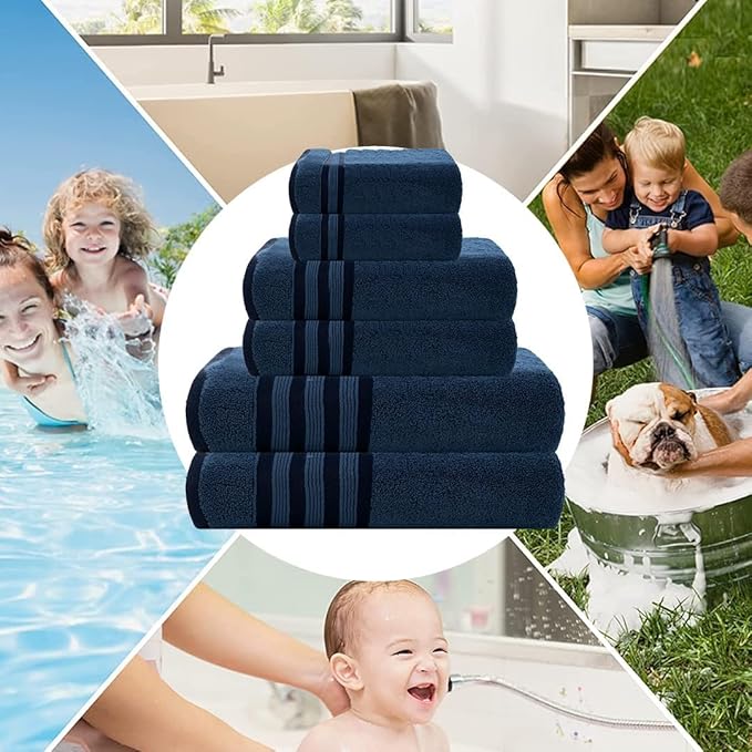 CASA COPENHAGEN Zero Twist, 6 Pieces Set 100% Cotton 0" Twist Towel Set- Navy Blue, 600 GSM, 2 Bath, 2 Hand, 2 Washcloths Made from Egyptian Cotton, Ultra Soft Luxury Towels for Bathroom