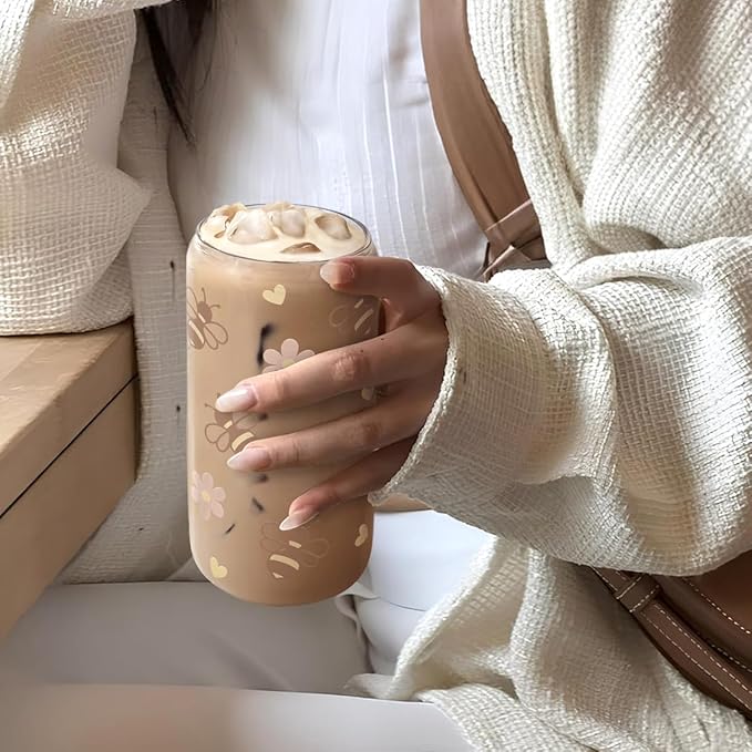 Bee 16oz Can Glass Tumbler with Acrylic Lid & Straw - Iced Coffee Cup for Women Girls, Aesthetic Cups Gifts for Birthday Christmas