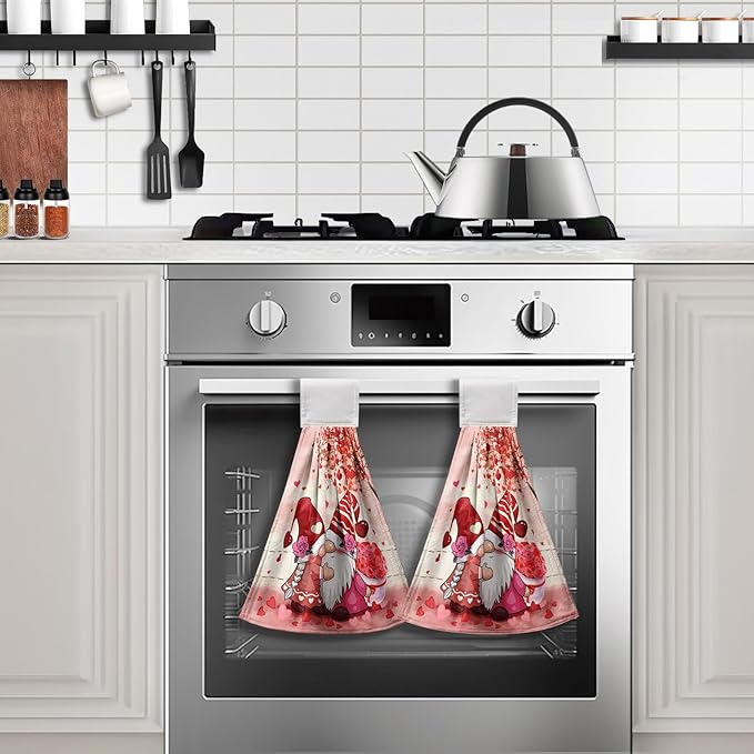 Valentines Gnome Kiss Bathroom Hand Towels with Loop Set of 2 Pink Hearts Rose Hanging Dish Kitchen Towels 17 x 12 inch Soft Absorbent Sweet Love Tie Towel Dishcloths for Washroom Bathroom Kitchen