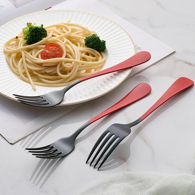 Black and Red Dinner Fork, 18/0 Red handle Stainless Steel Satin Finish 8.1-inch Silverware Flatware Fork Set, Set of 12, Dishwasher Safe