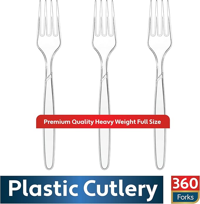 360 Count Clear Plastic Forks Heavy Duty, Premium Disposable Forks, Heat Resistant and BPA Free Plastic Silverware Utensils, Durable Plastic Cutlery Set for Parties, Picnics, Events