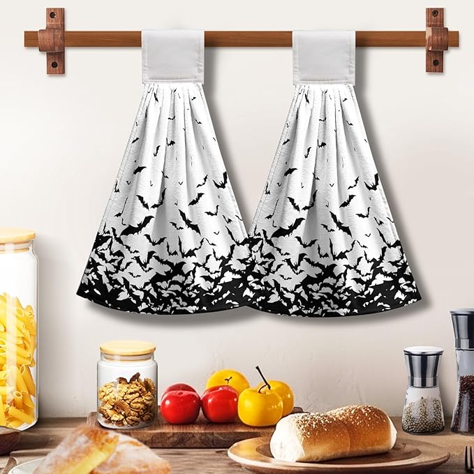 Halloween Hanging Kitchen Towels Spooky Bats Hand Tie Towel Scary Black Halloween Dish Tea Towels with Loop or Tabletop Bathroom Home Decorations