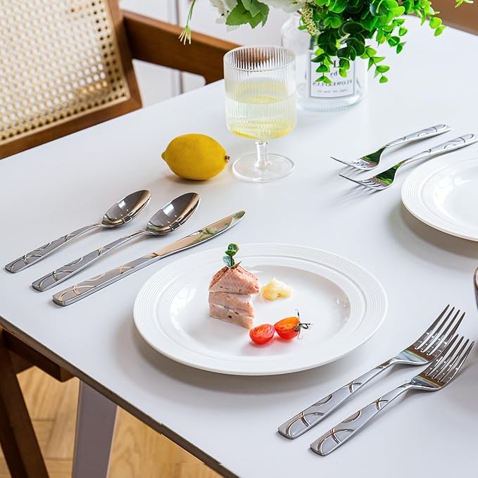 HIKAA 40PCS Stainless Steel Silverware Set, Modern Flatware Set for Kitchen, Mirror Polished Cutlery Set with Forks, Spoons and Knives,Dishwasher Safe