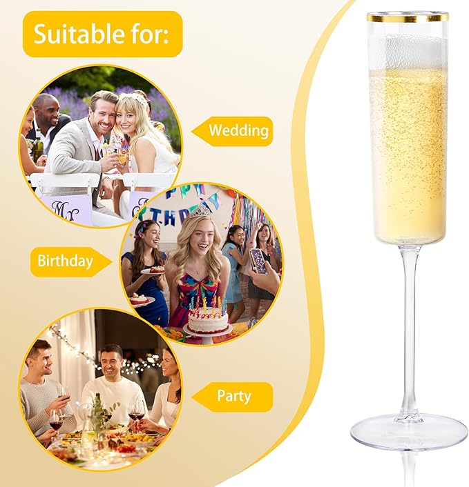Ciaell 24 Pack Plastic Champagne Flutes - 6Oz Gold Rim Disposable Champagne Glasses - Square Clear Plastic Toasting Glasses for Party Birthday Anniversary Wedding Christmas
