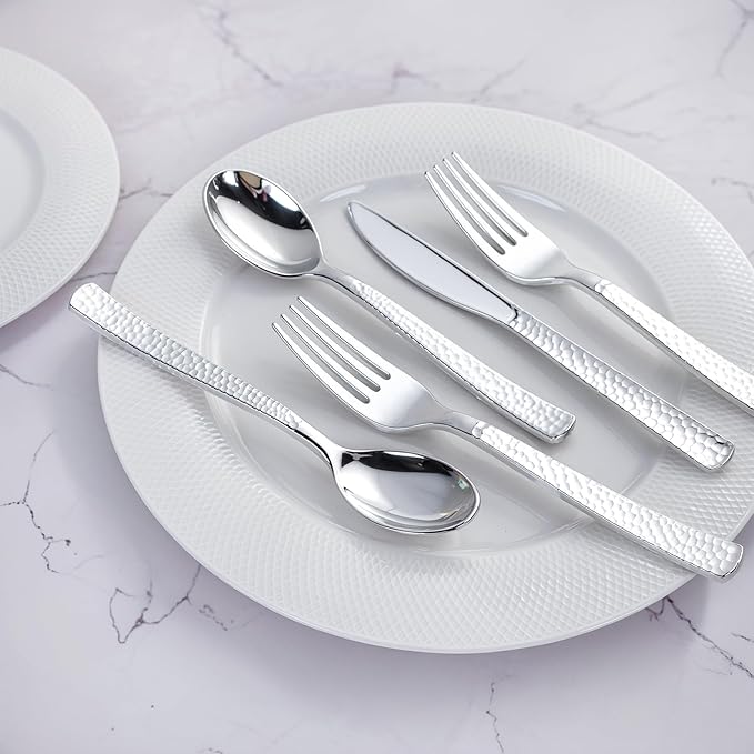 WELLIFE 400PCS Silver Plastic Silverware, Pre Rolled Silverware Set Disposable,Plastic Cutlery Includes: 100 Forks, 100 Knives, 100 Spoons, 100 Napkins, Cutlery Set Disposable for Christmas