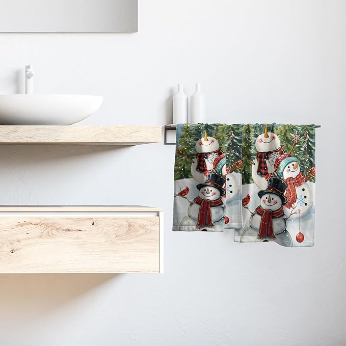 Imiss Snowman Hand Towels for Bathroom 2pc Set Winter Snowflake Pine Tree Forest Bath Guest Towel Funny Fingertip Decorative Towel for Xmas Seasonal Kitchen Gym Spa