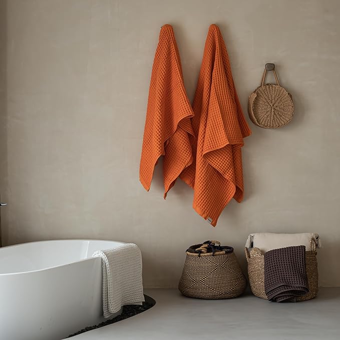 Luxury Organic Japanese Cotton Waffle Bath Towel | Thick, Absorbent, Quick Dry Bathroom Towels for Shower, Sauna, Onsen| Hotel & Spa Quality, Gift-Ready (Coral Orange, Hand Towel (3 Pack))