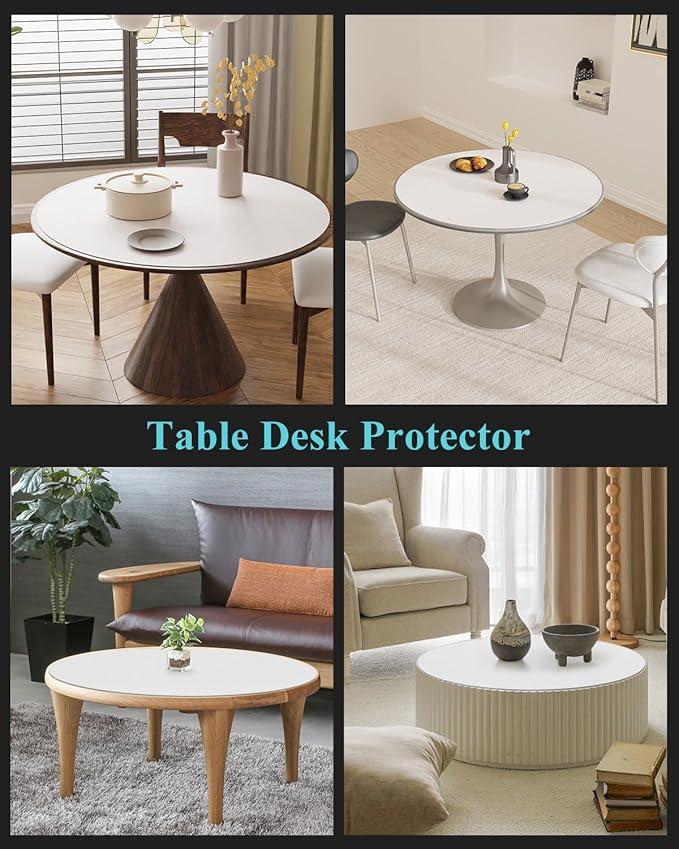 Pure White Plastic Table Cover Protector, 48" Round Waterproof Easy Flat PVC Desk Pad Mat, 1.5mm Thick Vinyl Table Top Protector for Dining Room Table, Office, Dresser