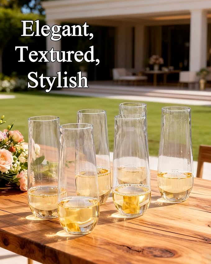 Ciaell 24 Pack Plastic Champagne Flutes - 9 Oz Disposable Champagne Glasses - Stemless Mimosa Glass for Parties & Weddings & Birthdays & Christmas