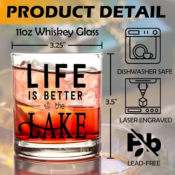 kunlisa Lake Lovers Gifts Whiskey Glasses, Lake House Decor and Gifts, Life Is Better at the Lakes 10 oz Drinking Rocks Glasses for Women Men Whisky Cocktail Scotch Bourbon Liquor