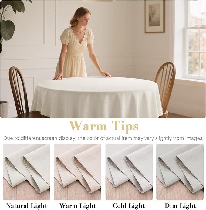 H.VERSAILTEX Linen Table Cloths Round 60 Inch Premium Tablecloth Spill-Proof Waterproof Table Cover for Dining Buffet Feature Extra Soft and Thick Fabric Wrinkle Free, Natural