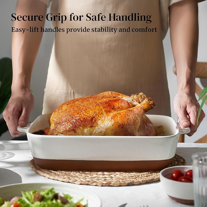 DOWAN Ceramic Casserole Dish for Oven, 9x13 Deep Lasagna Pan, Large Baking Dish with Handles, 4.3 Quarts Durable and Oven Safe Pan, for Roasting and Baking, Alabaster White