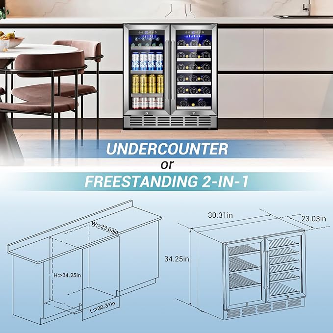 30Inch Wine and Beverage Refrigerator - Dual Zone Beverage Cooler Under Counter, Holds Up to 30 Bottles & 90 Cans Drink and Beer Fridge Built-In for Home Kitchen Bar and Office
