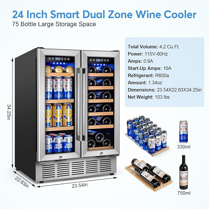 Wine and Beverage Refrigerator with Glass Door, 24-Inch Dual Zone Wine Fridge Under Counter - 18 Bottle and 88 Can Large Capacity Led Blue Light Smart Fast Cooling Wine Cooler