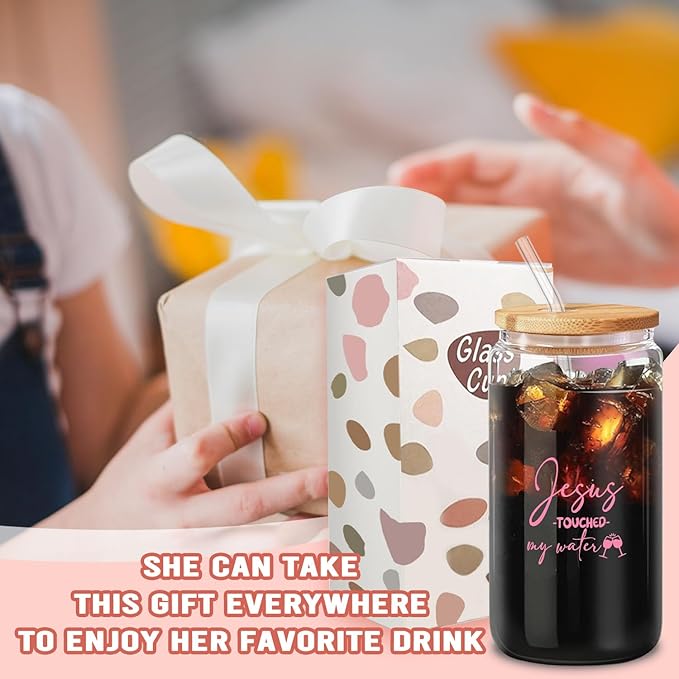 Jesus Touched My Water Funny Christian Tumbler - 16oz Novelty Glass Cup with Lid, Humorous & Inspirational Gift for Christian Women, Mom, Sister, Friend