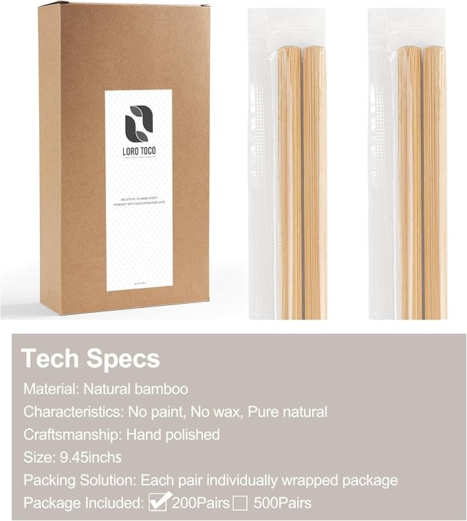 200Pairs Bamboo Chopsticks Disposable | Individually Wrapped | Bulk | Separated | Round | Premium Quality-(9.45in)